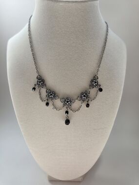 Robert Rose Victorian-Style Silver Necklace with Black Bead Drops